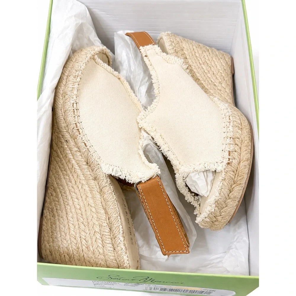 Sesto Meucci Womens Frayed Canvas Espadrille Wedge Sandals Cream Spain Size 6